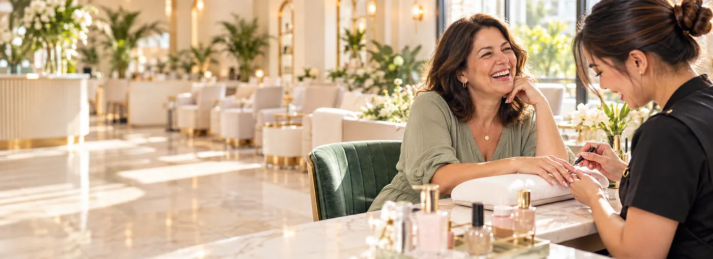 Smiling client relaxing during a manicure in a bright, elegant nail salon